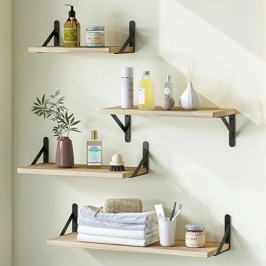 SUMGAR 3 Étagères Murales En Bois Avec Porte-Serviettes Et Support Sèche-Cheveux - Design Noir