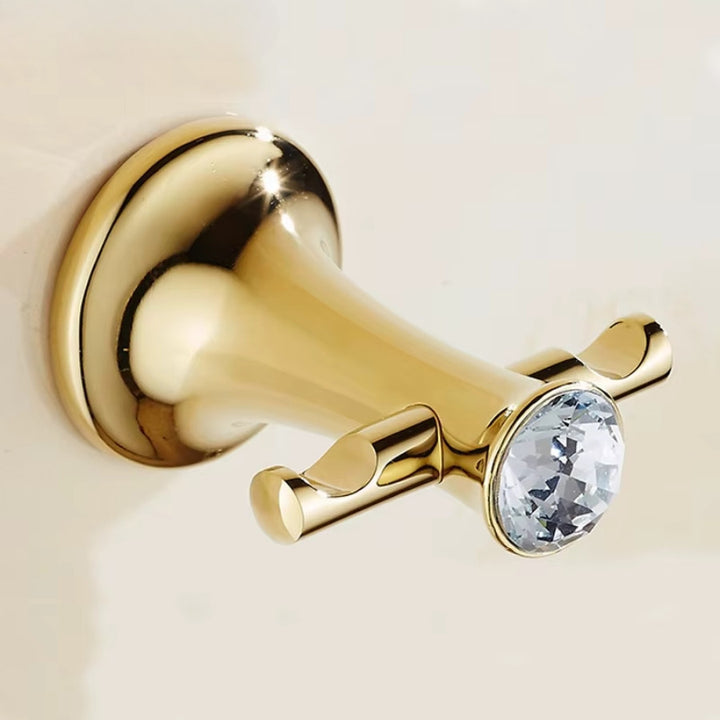 Patère murale design doré avec cristal élégant, double accroche serviettes