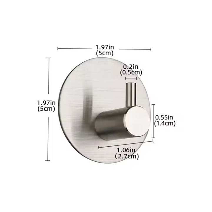Crochet adhésif rond argenté avec dimensions : diamètre 5 cm, profondeur 2,7 cm, longueur du crochet 1,4 cm
