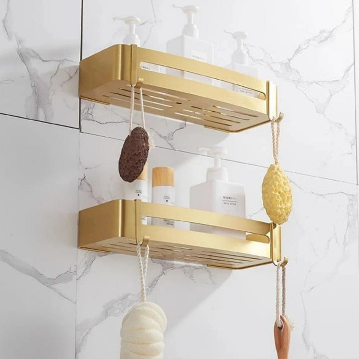 Étagère de Douche Dorée, fixation murale, avec crochets, base ajourée