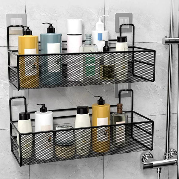 Étagère murale adhésive en métal pour salle de bain noir / 26x13x14cm