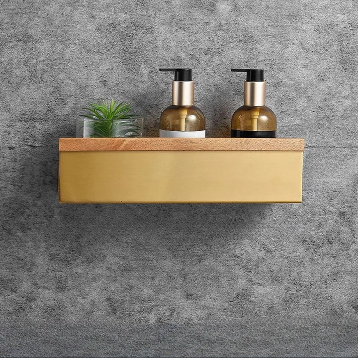 Étagère murale bois clair et métal doré design