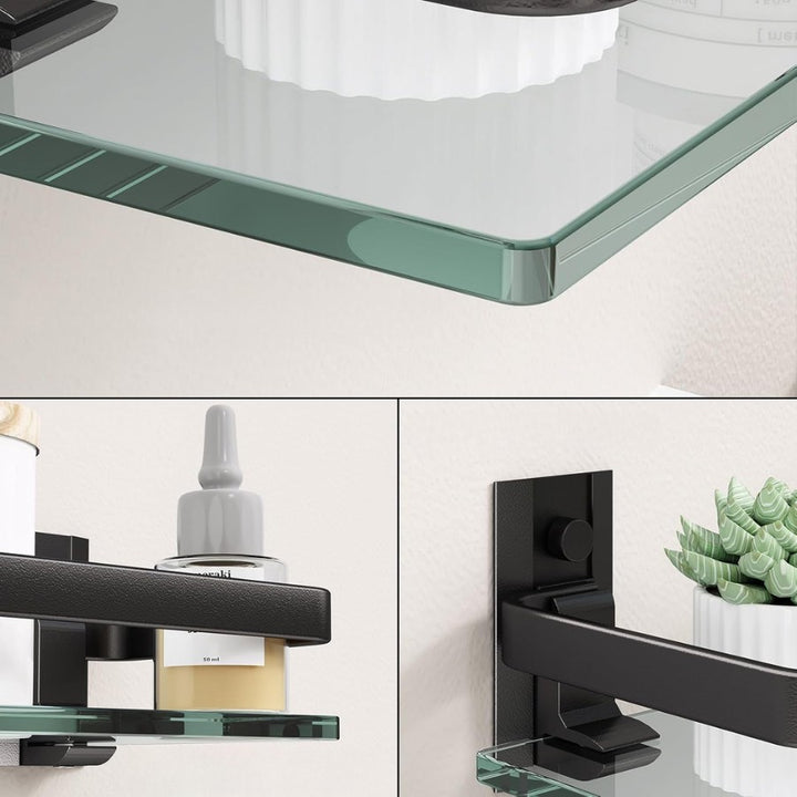 Étagère murale en verre trempé salle de bain, zoom sur les finitions du verre et du métal aluminium
