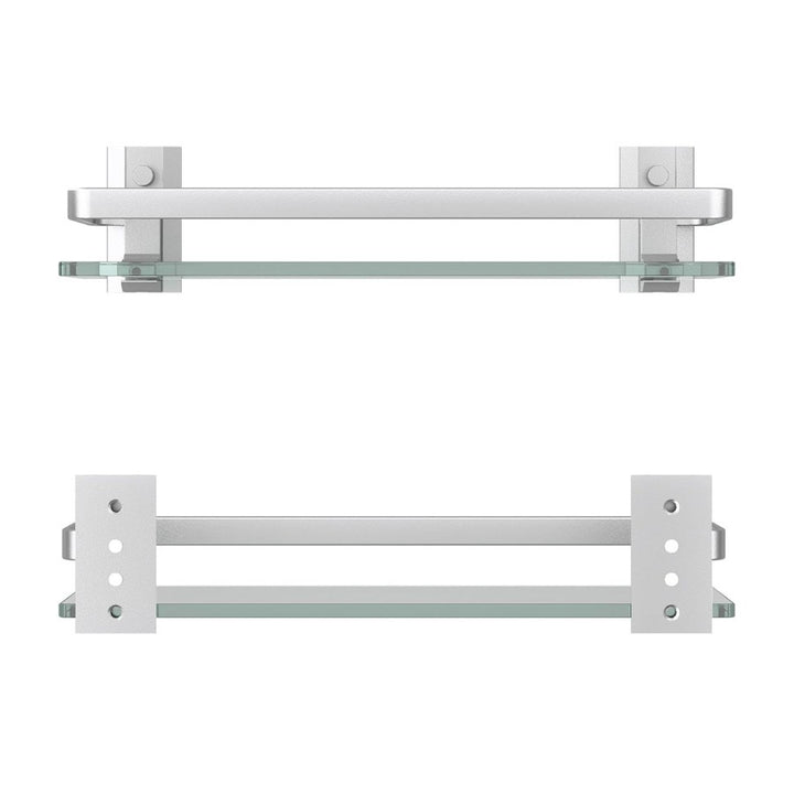 Étagère murale en verre trempé salle de bain vue de face et de dos, coloris argenté