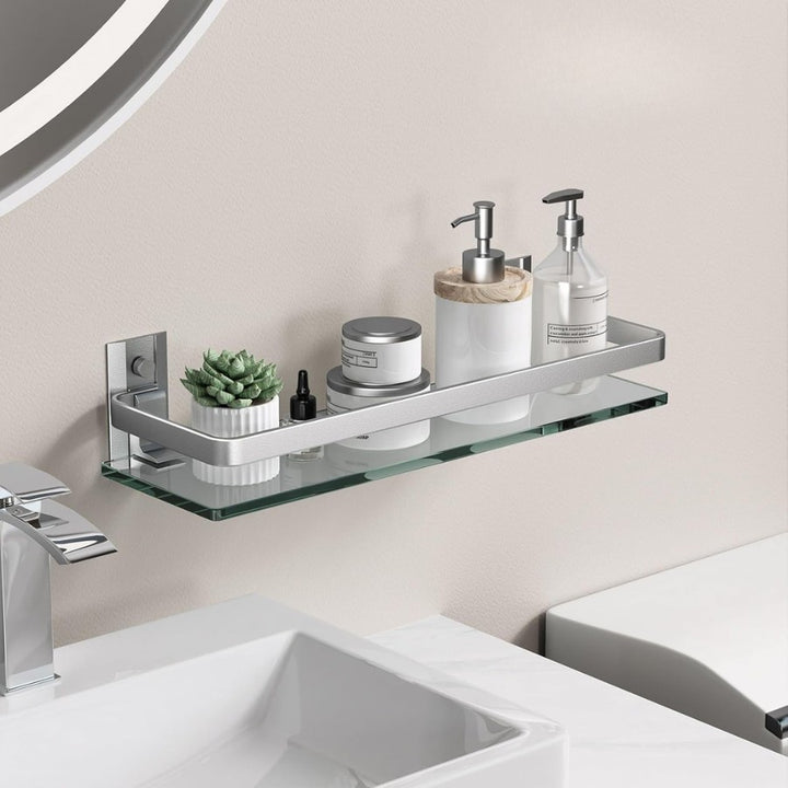 Étagère murale en verre trempé salle de bain, coloris argenté, fixer près d'un évier et vasque