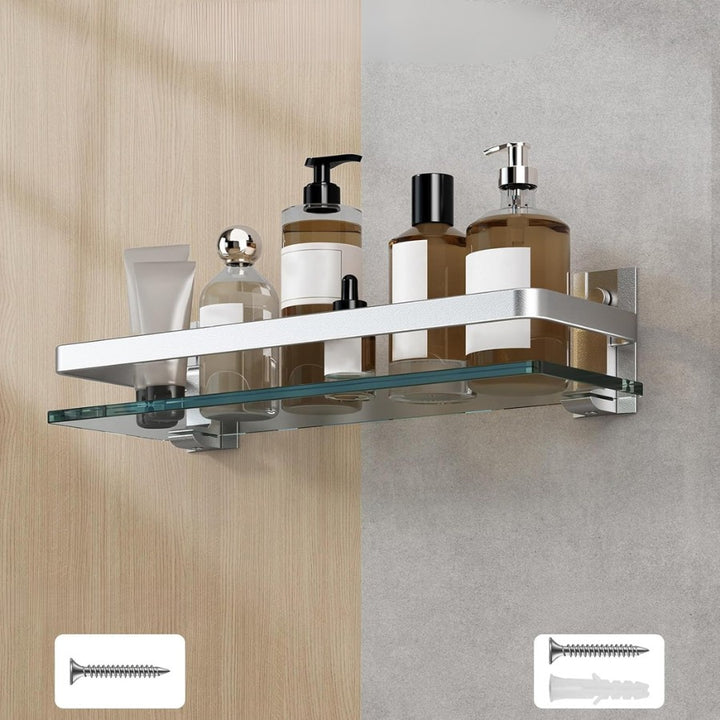 Étagère murale en verre trempé salle de bain coloris argenté, fixation sur bois, sur carrelage