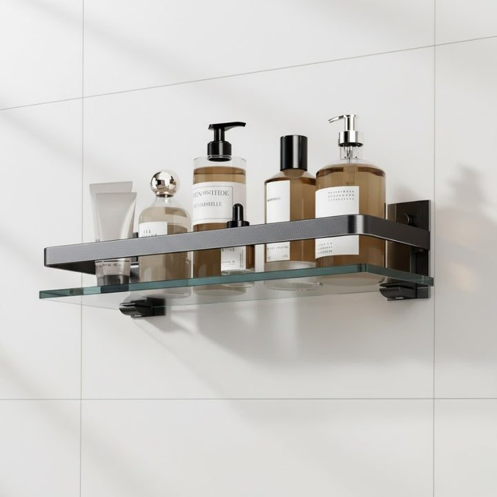 Étagère murale en verre trempé salle de bain coloris noir, monté sur un mur de salle de bain