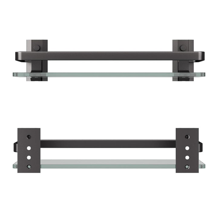 Étagère murale en verre trempé salle de bain vue de face et de dos coloris noir