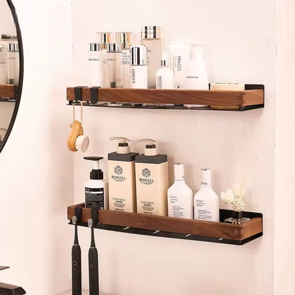 Étagère murale salle de bain bois métal noir