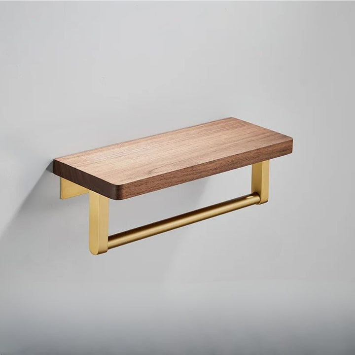 Étagère porte serviette bois et or, plateau plat, 30 cm de longueur, fixation murale