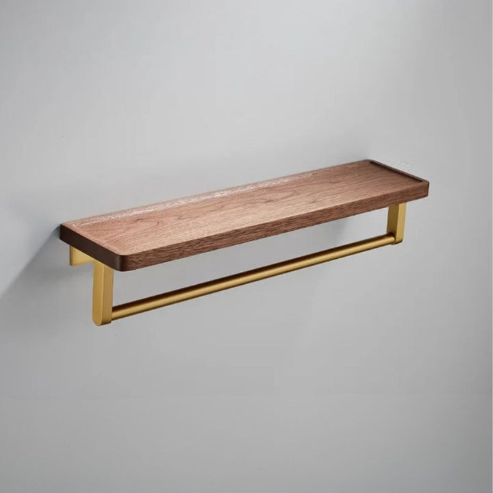 Étagère porte serviette bois et or, fixation murale, plateau concave, 50 cm de longueur