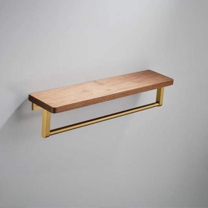 Étagère porte serviette bois et or, fixation murale, plateau plat et de 40 cm de longueur