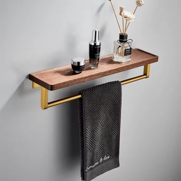 Étagère porte serviette en aluminium couleur or et plateau en bois, fixation murale
