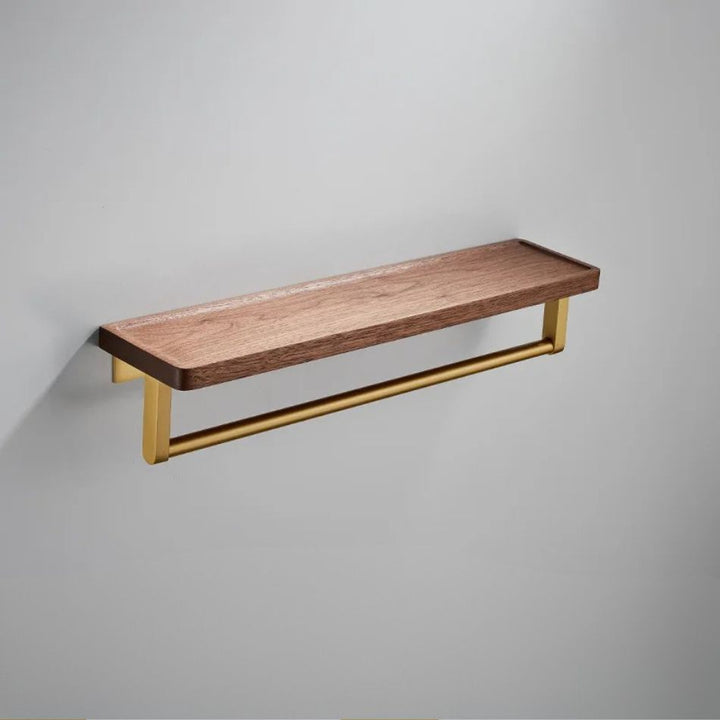 Étagère porte serviette bois et or, fixation murale, plateau concave, 40 cm de longueur
