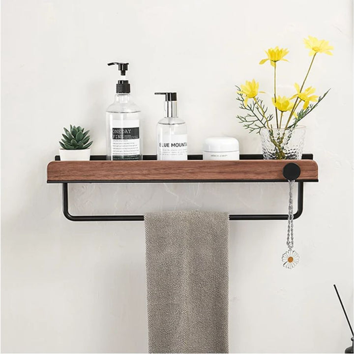 Étagère salle de bain noir et bois noir / 30 cm / avec barre