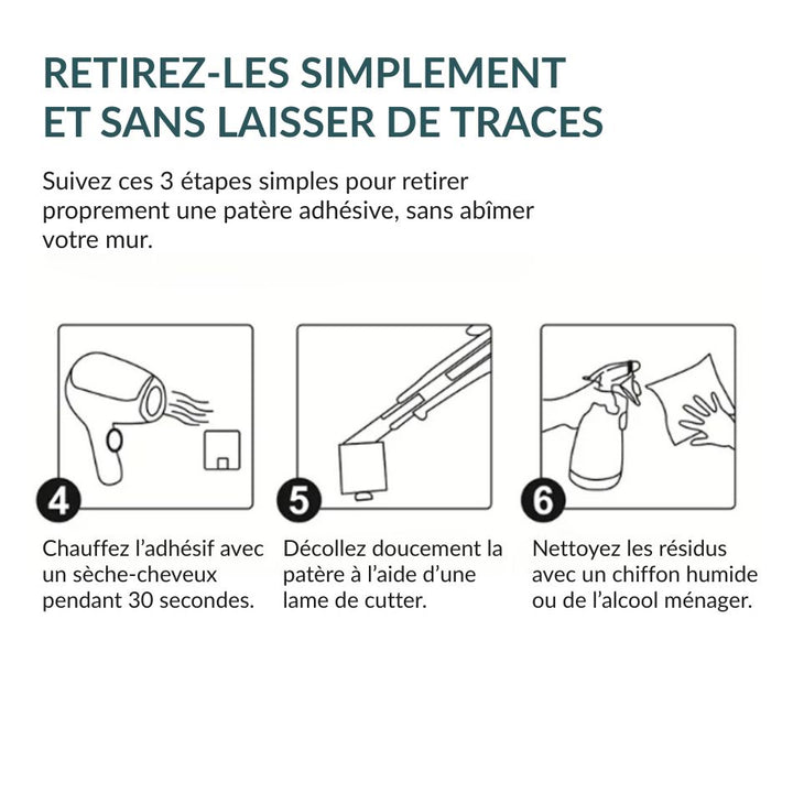 Schéma explicatif pour retirer proprement une patère adhésive sans abîmer le mur : chauffer l’adhésif, décoller avec un cutter, puis nettoyer les résidus avec un chiffon humide ou de l’alcool.