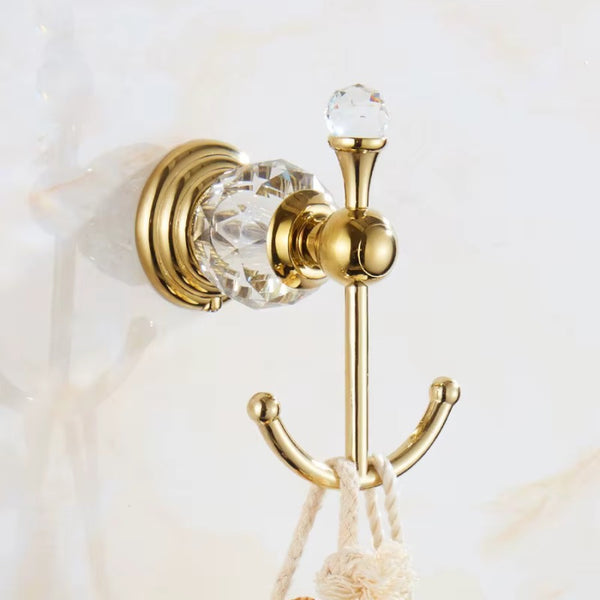 Crochet mural double patère dorée vintage avec cristal décoratif avec accessoire salle de bain suspendu