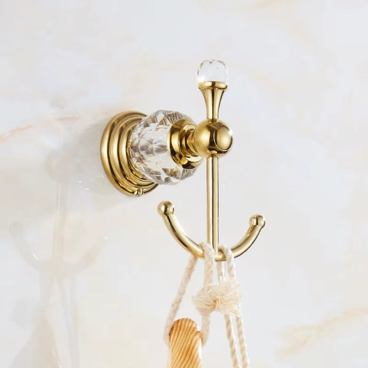 Patère murale dorée vintage double crochet avec cristal brillant