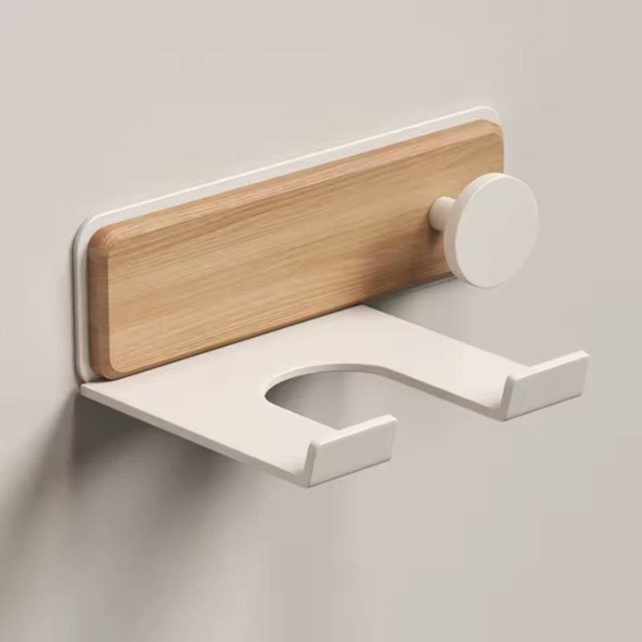 Porte sèche-cheveux sans perçage avec fixation adhésif 3M, blanc et bois clair