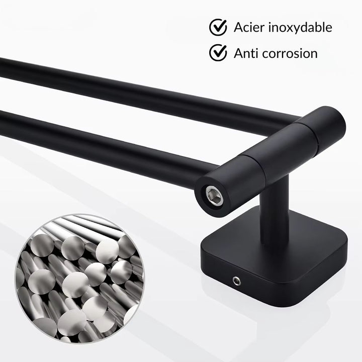 Porte serviette pivotant <br> double barres minimalisme noir
