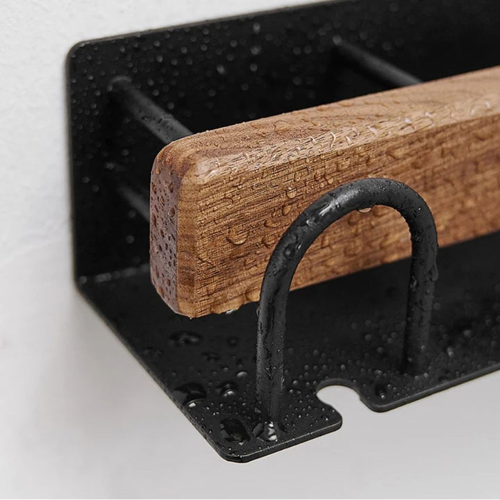 Support Mural Brosse à Dents et Gobelets, en bois et métal noir, résistant à l'humidité d'une salle de bain