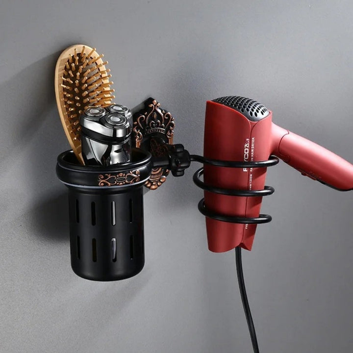 Support Mural pour Salle de Bain - Sèche-Cheveux et Récipient - noir - style antique